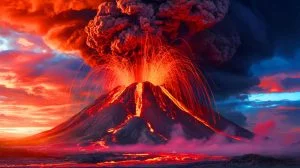 Illustration de l'éruption rapide des supervolcans Stromboli et Eyjafjallajökull. Image réalisée par IA.