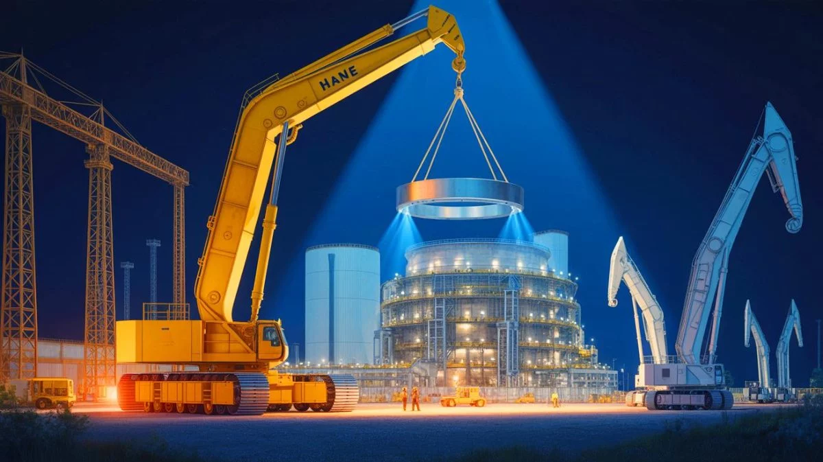 Illustration de la grue Big Carl soulevant le dôme du réacteur de Hinkley Point C, créée par intelligence artificielle.