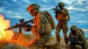 Illustration de Marines utilisant des systèmes de défense portatifs contre les drones. Image réalisée par IA.