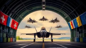 Illustration de l'opposition suisse à l'achat des avions de chasse F-35 et de ses implications géopolitiques. Image réalisée par IA.