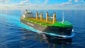Illustration de la première mondiale d’un navire capable de transporter du CO2 liquéfié et du méthanol. Image réalisée par IA.