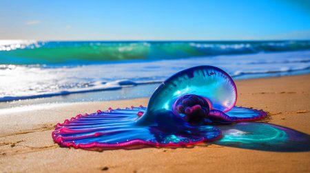 Illustration de la galère portugaise échouée sur une plage française, menaçant les baigneurs par ses filaments urticants.