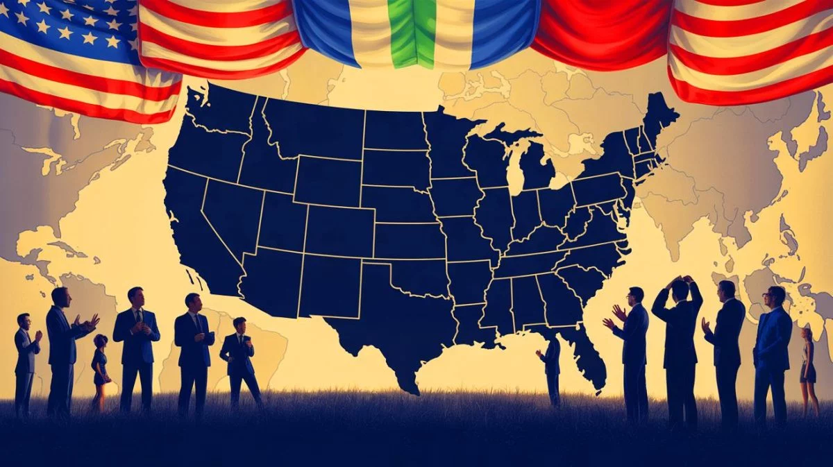 Illustration de l'expansion hypothétique des États-Unis d'un million de kilomètres carrés et ses implications géopolitiques, économiques et environnementales.
