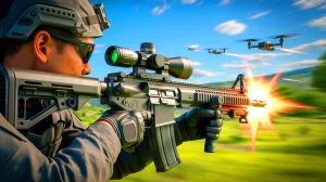 Illustration de l'utilisation d'un fusil SMASH 2000L équipé d'une intelligence artificielle pour intercepter des drones.
