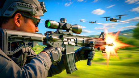 Illustration de l'utilisation d'un fusil SMASH 2000L équipé d'une intelligence artificielle pour intercepter des drones.