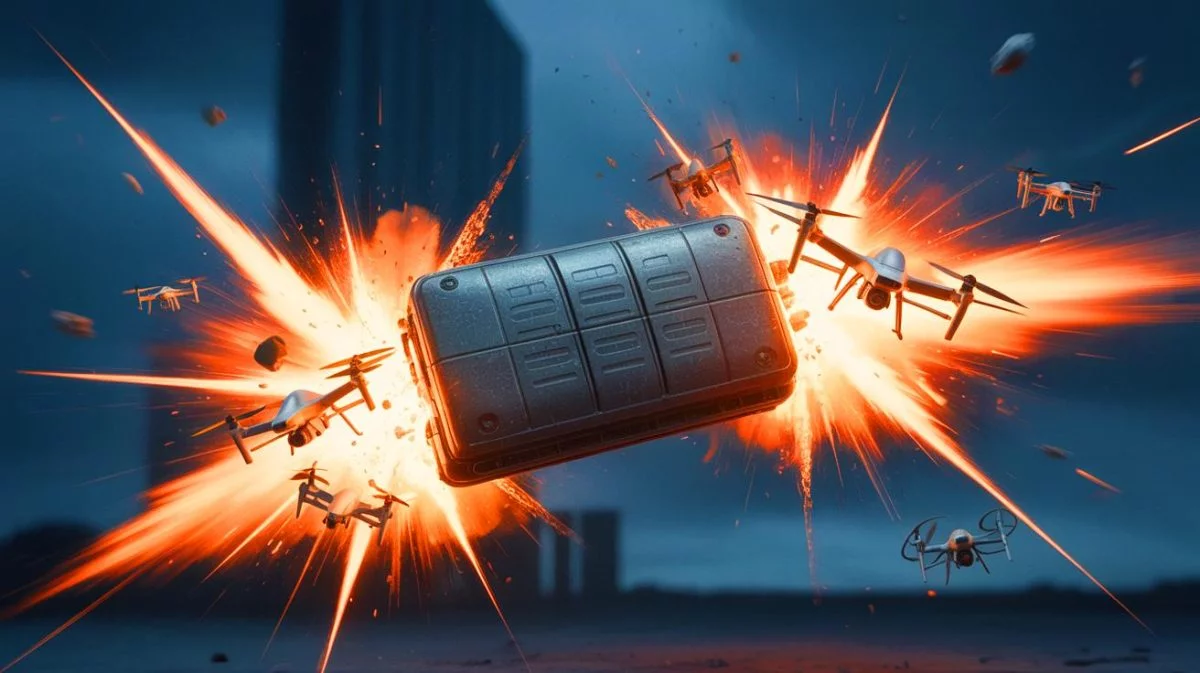 Illustration de l'armée ukrainienne utilisant des munitions spéciales pour abattre des drones, générée par intelligence artificielle.