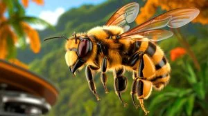 Illustration de la transformation d'abeilles en cyborgs grâce à une puce cérébrale, générée par intelligence artificielle.