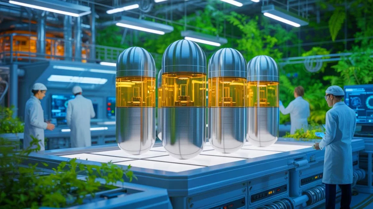 Illustration de l'innovation dans la fabrication additive de composants nucléaires, générée par intelligence artificielle.