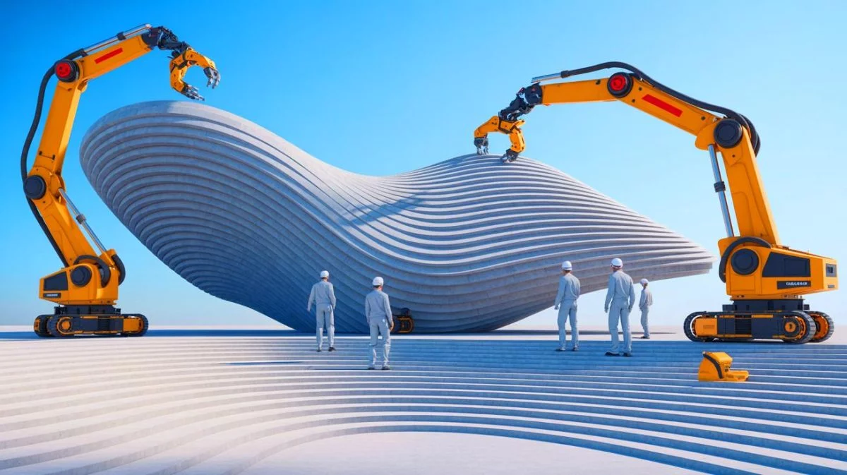 Illustration de la plus grande construction imprimée en 3D d'Europe, générée par intelligence artificielle.