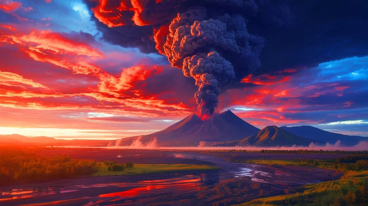 Illustration de l'impact d'une éruption volcanique massive sur le climat mondial, générée par intelligence artificielle.