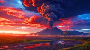 Illustration de l'impact d'une éruption volcanique massive sur le climat mondial, générée par intelligence artificielle.