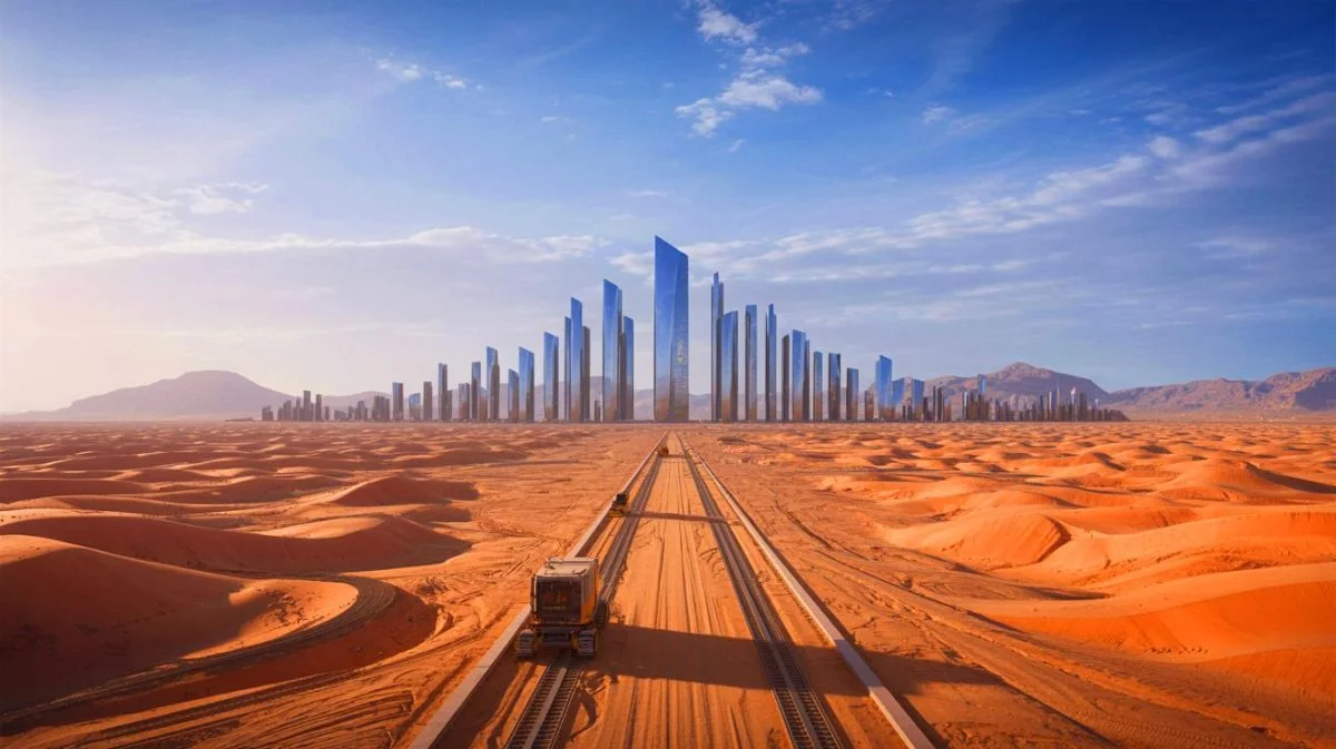 Illustration de la cité futuriste The Line en Arabie saoudite, générée par intelligence artificielle.