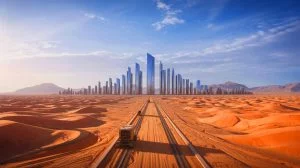 Illustration de la cité futuriste The Line en Arabie saoudite, générée par intelligence artificielle.