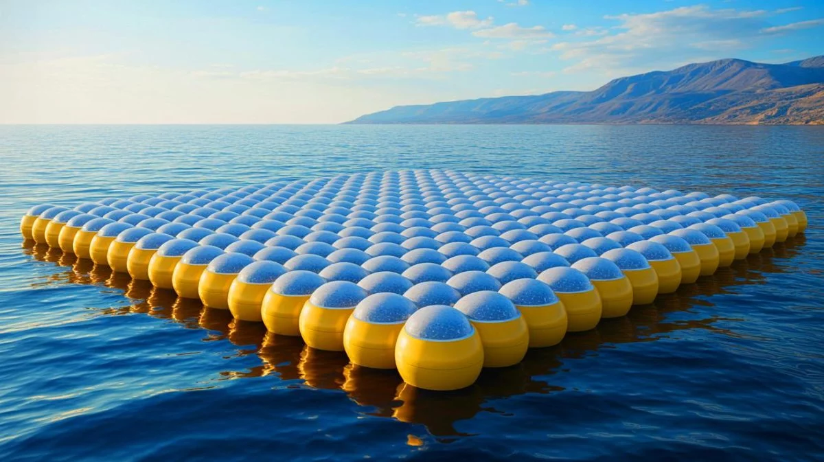 Illustration de la transformation de l'eau de mer en eau potable à l'aide d'un matériau solaire innovant, générée par intelligence artificielle.