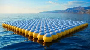 Illustration de la transformation de l'eau de mer en eau potable à l'aide d'un matériau solaire innovant, générée par intelligence artificielle.