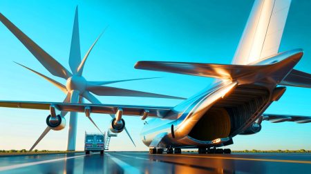 Illustration de l'avion-cargo WindRunner conçu pour transporter des pales d'éoliennes terrestres.