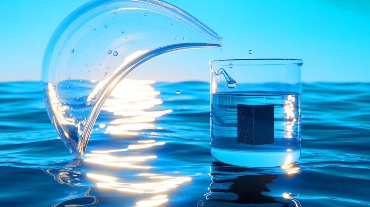 Illustration de la transformation de l'eau de mer en eau douce grâce à un aérogel solaire. Image réalisée par IA.