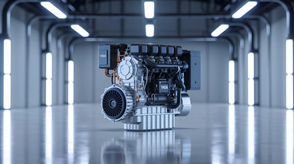 Illustration de la prouesse technique du moteur électrique ultraléger de YASA, générée par intelligence artificielle.