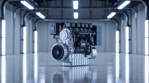 Illustration de la prouesse technique du moteur électrique ultraléger de YASA, générée par intelligence artificielle.