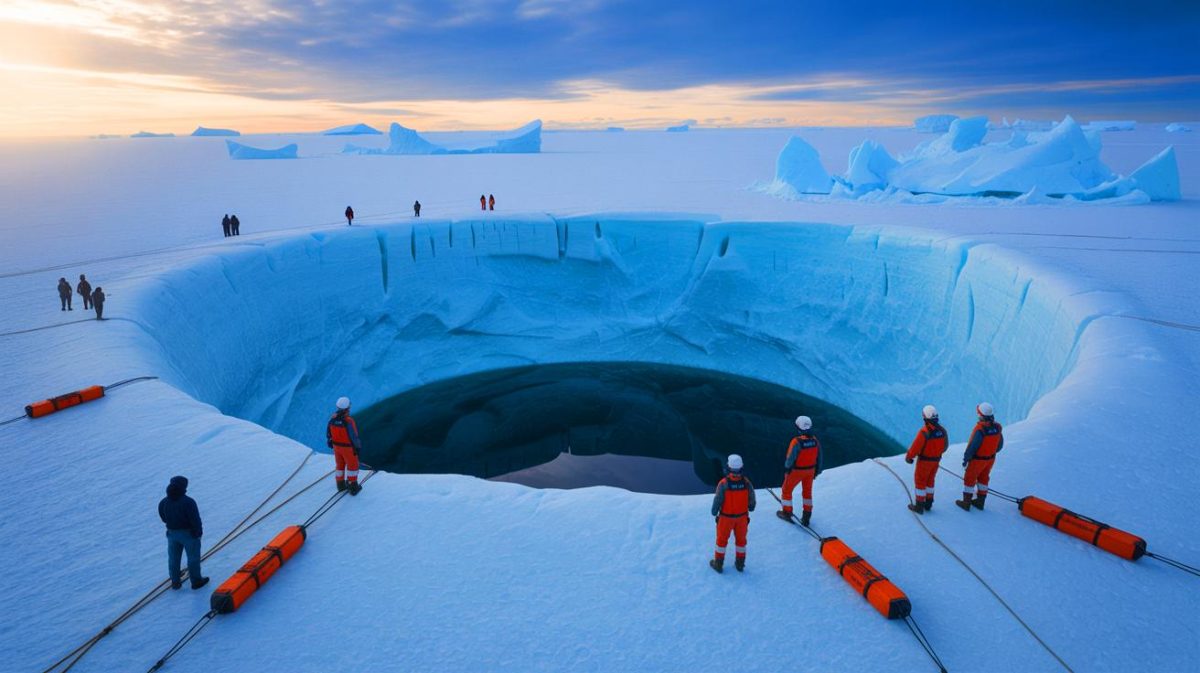 Illustration de la formation d'une polynie géante dans la banquise antarctique, créée par intelligence artificielle.