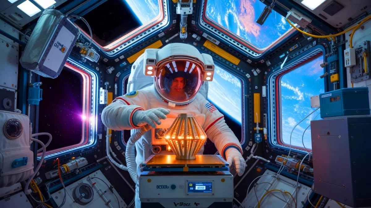 Illustration de l'impression 3D en microgravité à bord de la Station spatiale internationale. Image réalisée par IA.