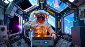 Illustration de l'impression 3D en microgravité à bord de la Station spatiale internationale. Image réalisée par IA.