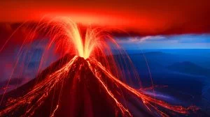 Illustration de l'éruption de l'Etna vue depuis l'espace avec des panaches de cendres et des coulées de lave. Image réalisée par IA.