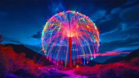 « Un spectacle jamais vu » : un feu d’artifice de 1,27 tonne, l’équivalent du poids d’une grosse voiture, illumine Steamboat Springs Illustration de feux d'artifice record illuminant le ciel, générée par intelligence artificielle.