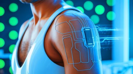 Illustration de l'utilisation d'un pansement électronique connecté pour accélérer la cicatrisation, générée par intelligence artificielle.