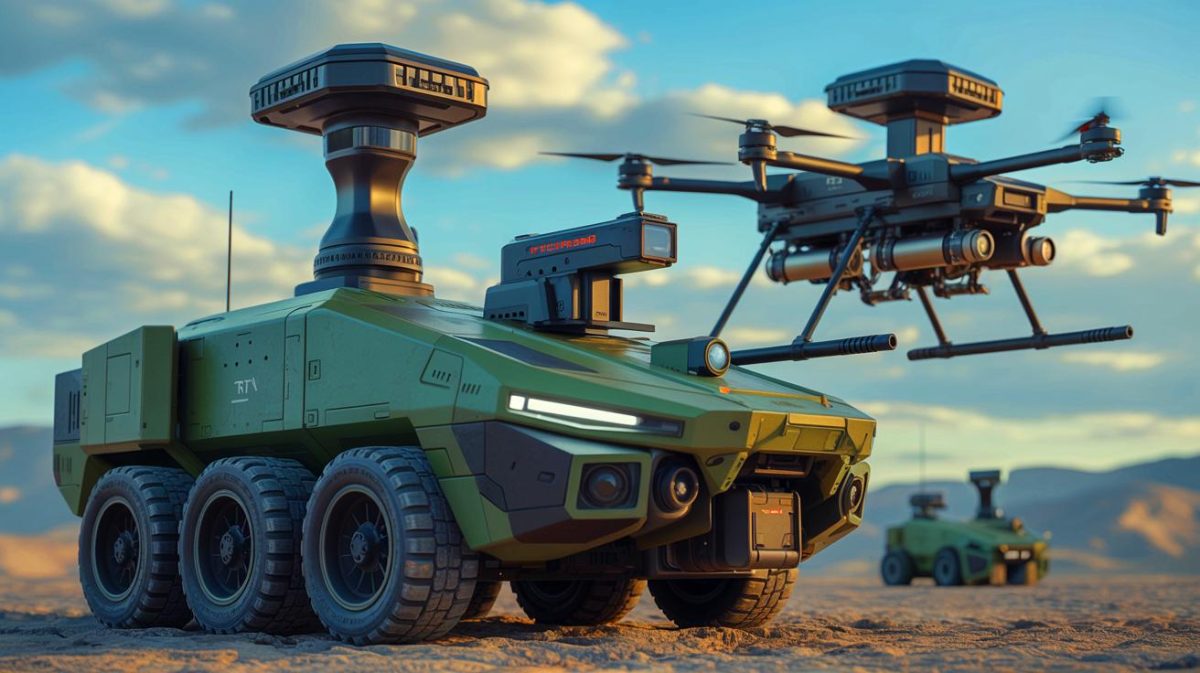 Illustration de l'intégration de l'intelligence artificielle dans les systèmes d'armes autonomes de RTX et Shield AI. Image réalisée par IA.