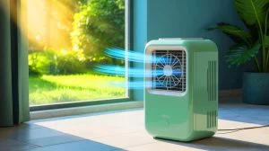 Illustration de l'Eco-Cooler, un système de climatisation passif utilisant des bouteilles en plastique, générée par intelligence artificielle.