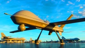 Illustration de la présentation du drone de combat de Dassault Aviation au salon du Bourget. Image réalisée par IA.