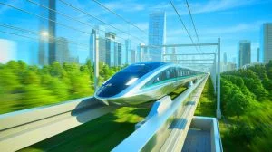 Illustration de la vitesse impressionnante du train Maglev à lévitation magnétique. Image réalisée par IA.