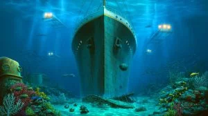 Illustration de l'épave du Titanic explorée par des submersibles lors d'une expédition récente. Image réalisée par IA.