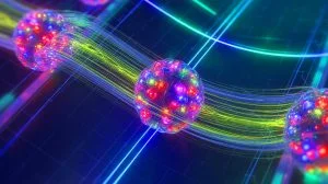 Illustration de l'intrication quantique des photons dans des systèmes nanométriques. Image réalisée par IA.