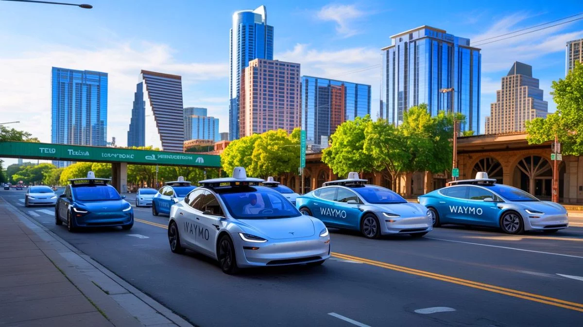 Illustration de l'expansion des services de taxis autonomes par Tesla et Waymo à Austin, générée par intelligence artificielle.
