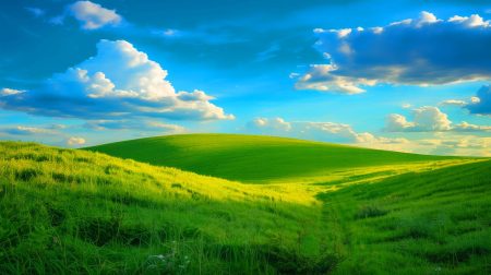 Illustration de l'emblématique fond d'écran « Bliss » de Windows XP, photographie capturée par Charles O'Rear en Californie.