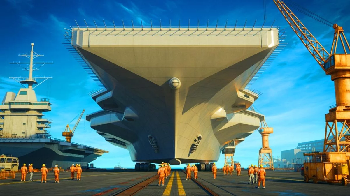 Illustration de la construction du futur porte-avions français, symbole d'innovation et de puissance navale.