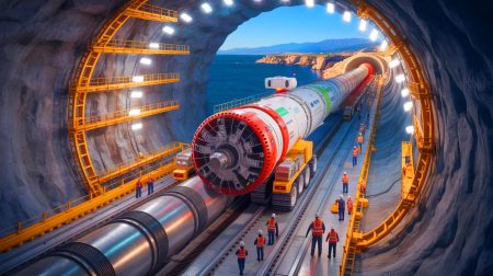 Illustration de la construction du tunnel ferroviaire reliant le Maroc et l'Espagne sous le détroit de Gibraltar.