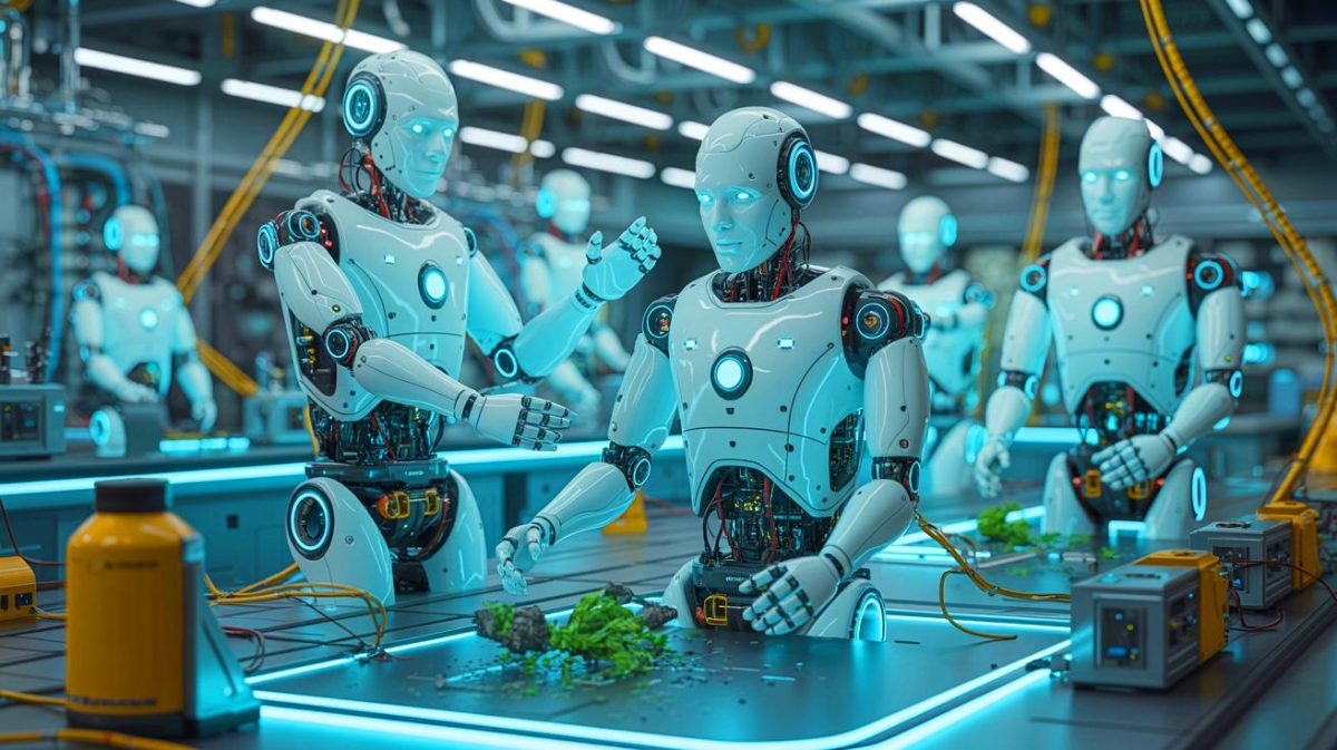 Illustration de robots autonomes intégrant des matériaux environnants pour se développer et s'adapter.