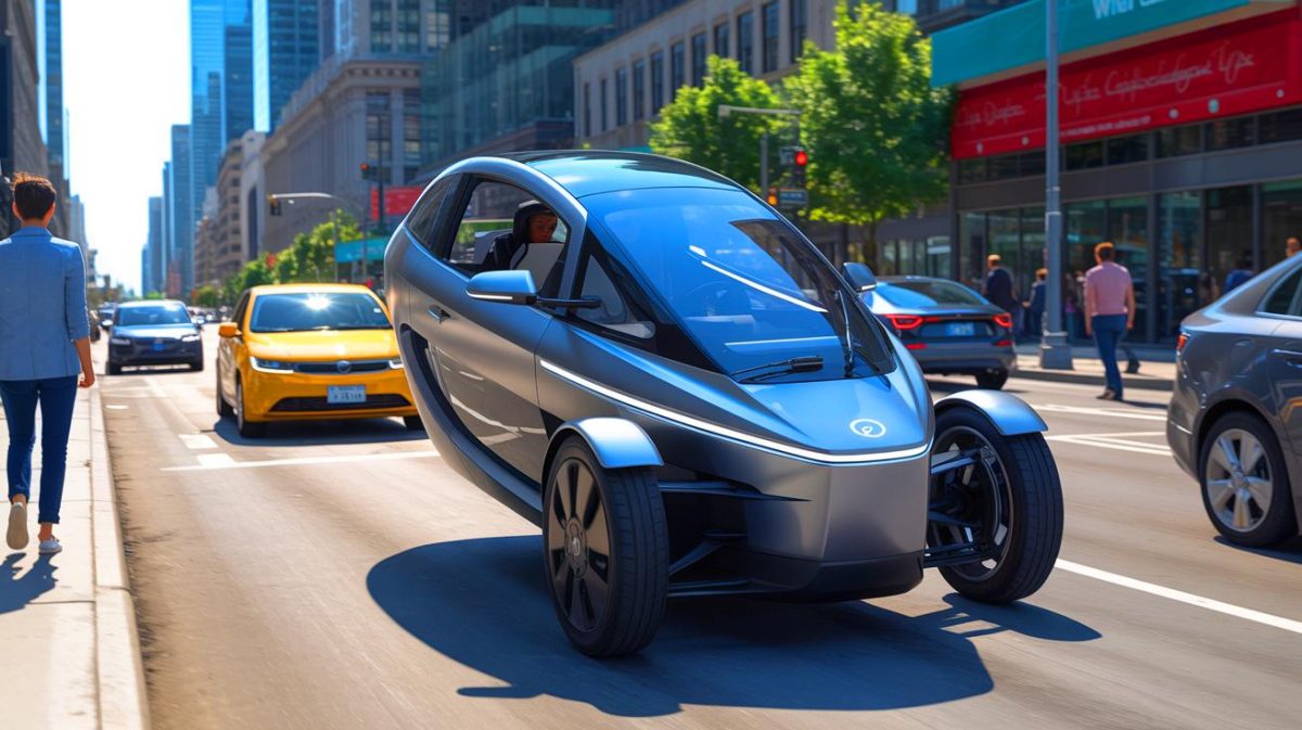 Illustration de Trinova, le trois-roues électrique inclinable pour la mobilité urbaine.
