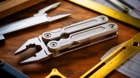 Illustration de l'Omni-R, un multitool de poche innovant pour professionnels et bricoleurs.