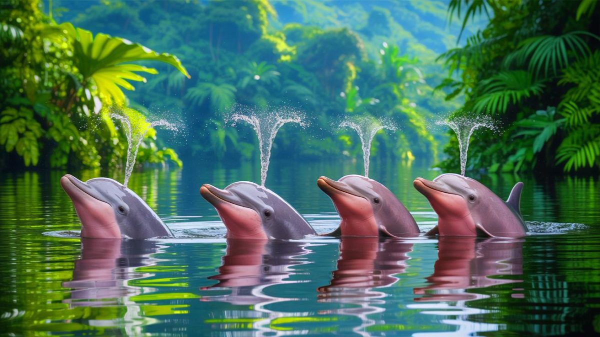 Illustration de dauphins d'Amazonie projetant leur urine hors de l'eau.