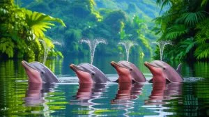 Illustration de dauphins d'Amazonie projetant leur urine hors de l'eau.