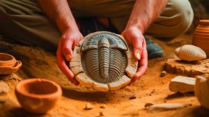Illustration de la découverte d'un fossile de trilobite utilisé comme amulette dans un site romain en Espagne.