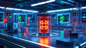 Illustration de batteries nucléaires au carbone 14 pour une énergie durable et autonome.