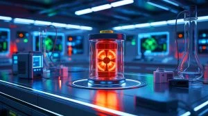 Illustration de batteries nucléaires au carbone 14 pour une énergie durable et autonome.