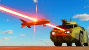 Illustration de la neutralisation de drones ennemis par un système d'arme laser à haute énergie.