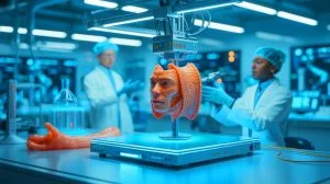 Illustration de la bio-impression 3D de peau vivante pour des greffes médicales innovantes.