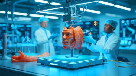 Illustration de la bio-impression 3D de peau vivante pour des greffes médicales innovantes.